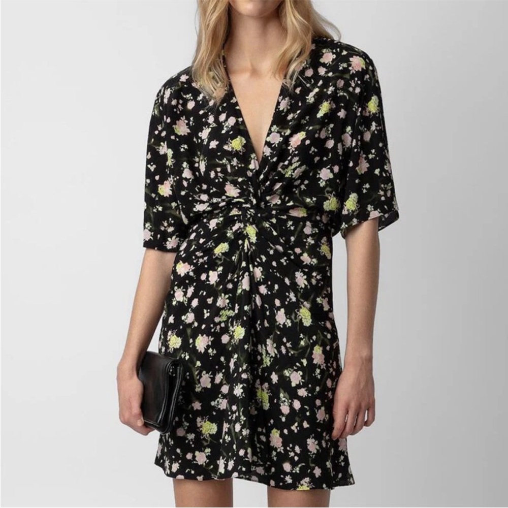 NWT Zadig & Voltaire Rozom Black and Green Soft Crinkle Rose Minidress Size L